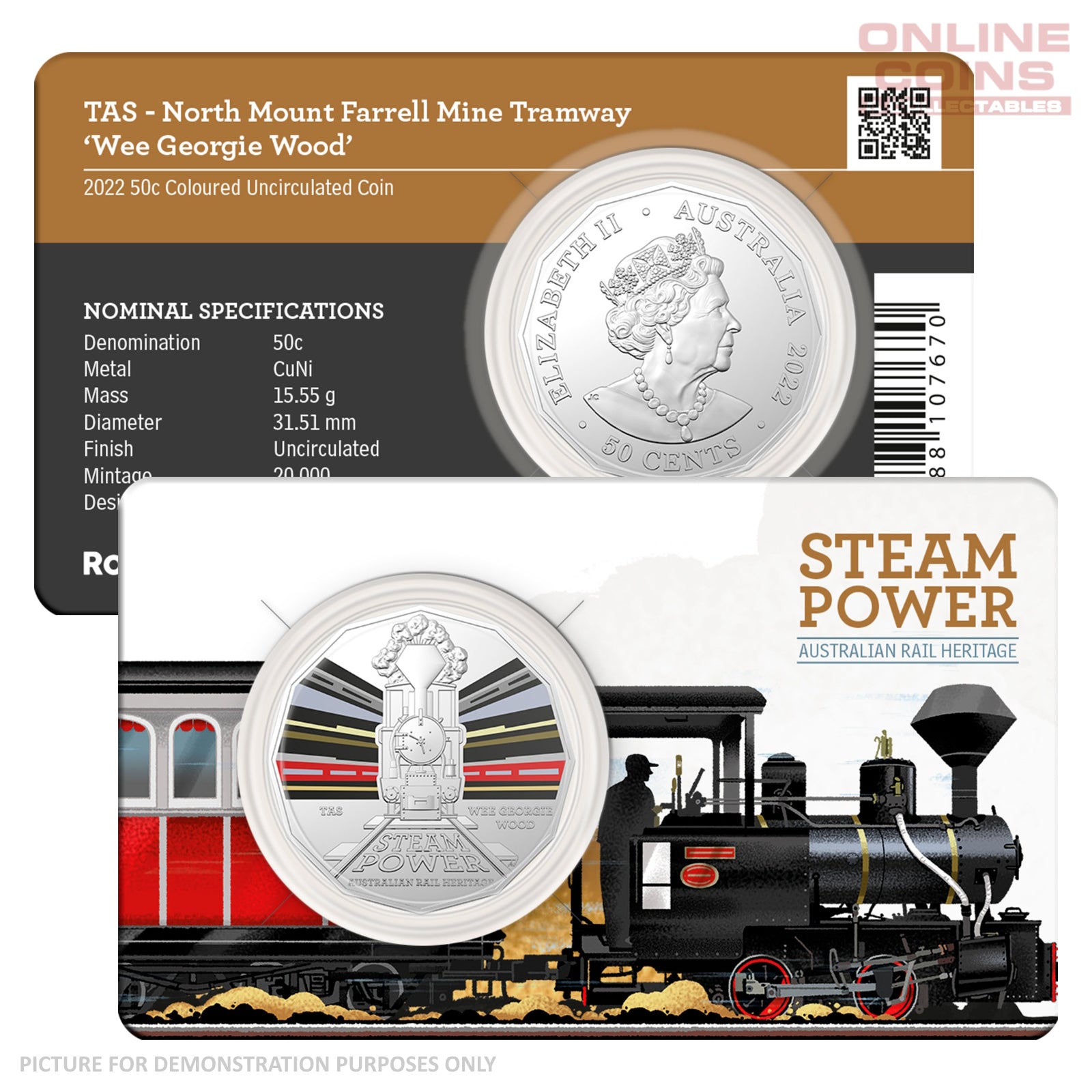 2022 50c CuNi Coloured Uncirculated Carded Coin – TAS Nth Mount Farrell Mine Tramway 'Wee Georgie Wood'
